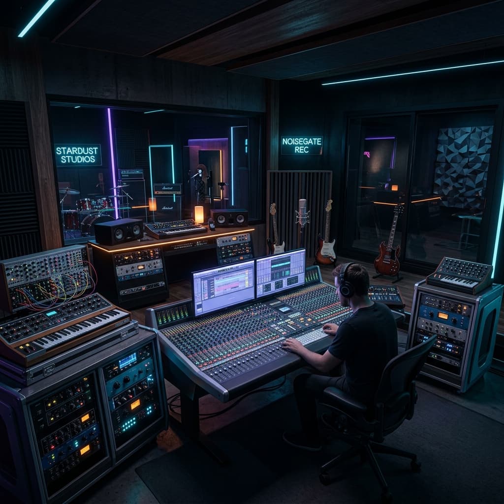 A cinematic and atmospheric wide shot of a futuristic sound studio
