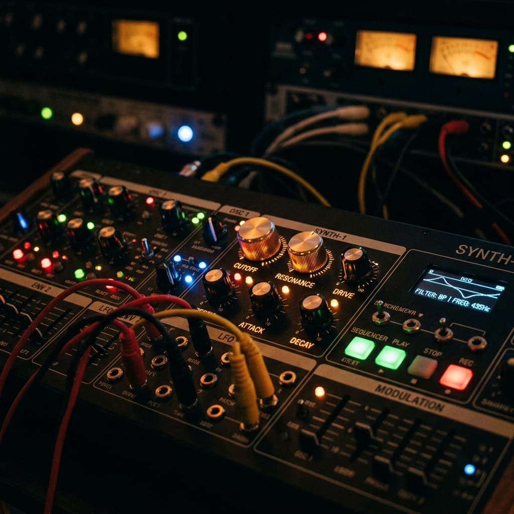 A close-up shot of a high-end synthesizer interface